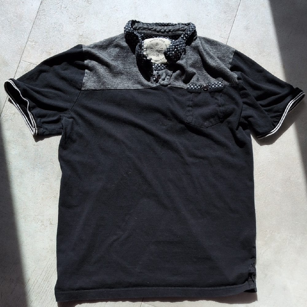 Men's Native Cotton Black & Gray Short-Sleeve Polo with Patterned Collar
